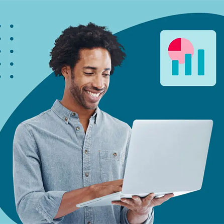 Happy looking business person, holding a lpatop, with a graph icon to represent data