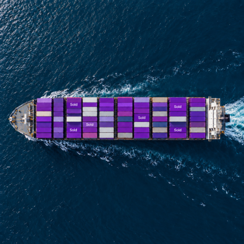 Container ship, at sea, photographed from above, carrying mostly purple containers