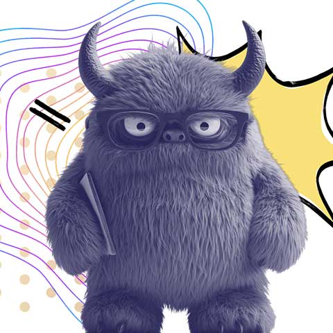 A plush toy monster, wearing glasses, purple