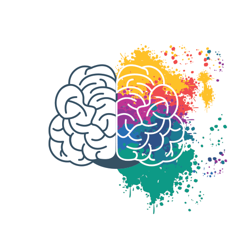 Illustration of a human brain, showing paint splodges on one side and clear line drawing on the other, representing a balance between creativity and efficiency/logical thinking