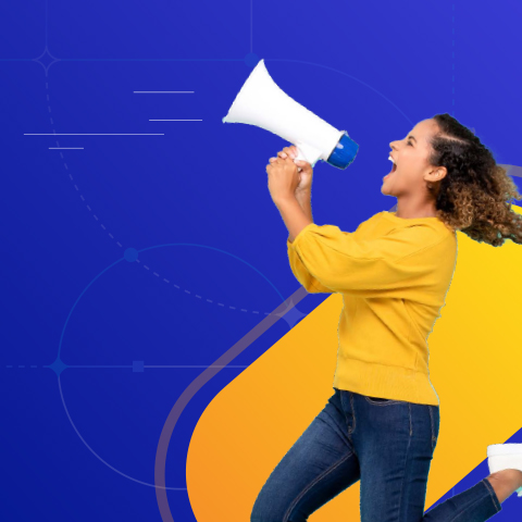Woman jumping, with foghort (as a metaphor for marketing)