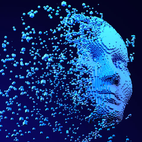 A digital "AI" face, emerging from a blue background