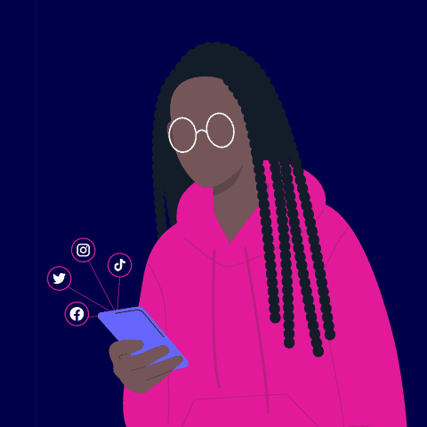 Young person, casually dressed, using phone, surrounded by social icons