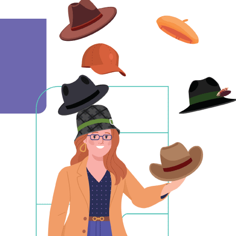 A cartoon woman, surrounded by many types of hat