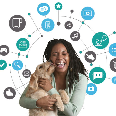 Happy woman, with dog, surrounded by icons relating to marketing and customer touch-points