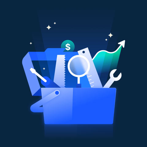 Graphic illustration of a toolbox, with multiple tools poking out. Some actual (such as a screwdrive, a saw, a wrench) and some metaphorical (an upward graph, a dollar sign, etc)